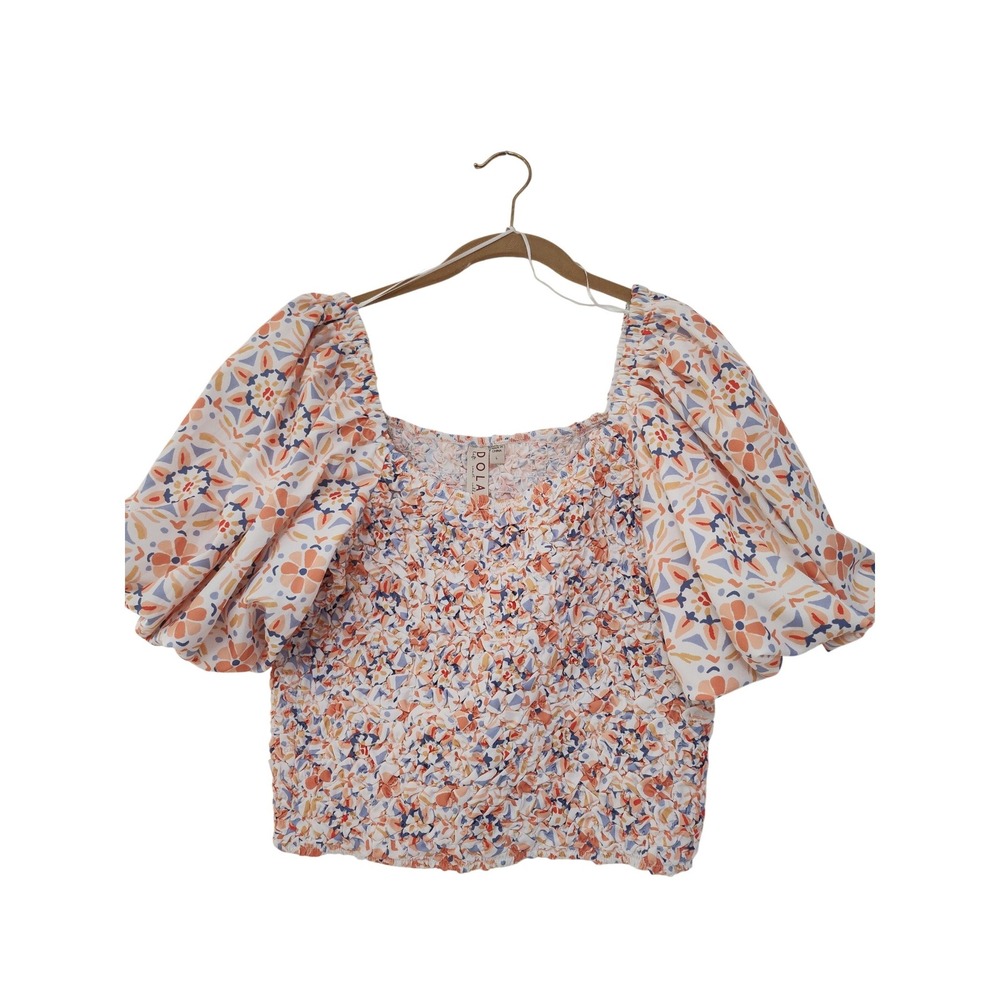 Dolan Left Coast Collection Smocked Puff Sleeve Crop Top Floral Multi Color‎ L